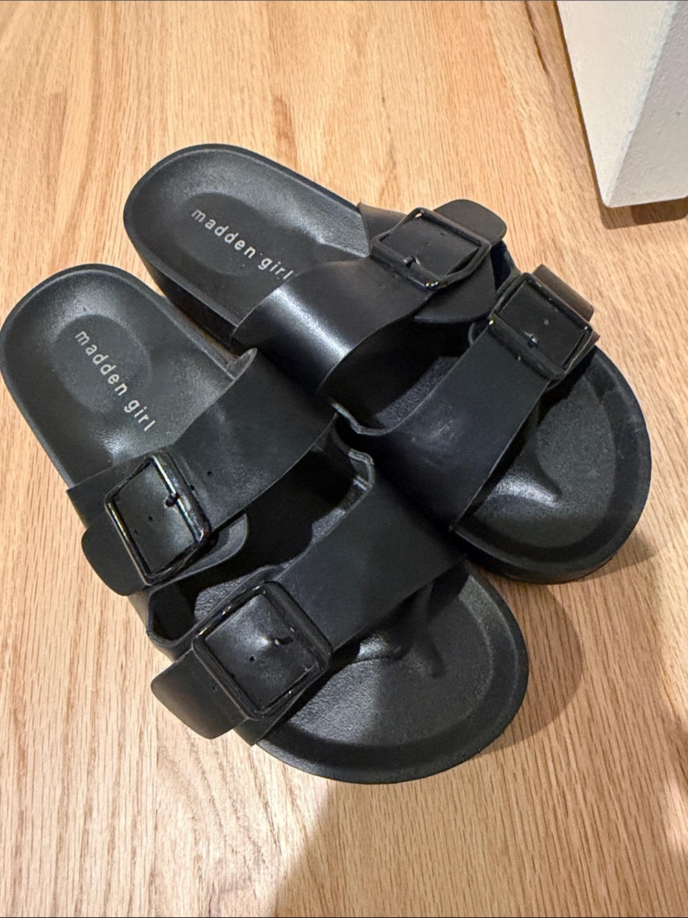 Madden Girl Black Double-Strap Buckle Slides